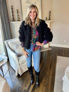 How To Wear Our Winter Capsule Wardrobe – Part 2 Sherpa Jacket & Printed Blouse & Dark Wash Jeans