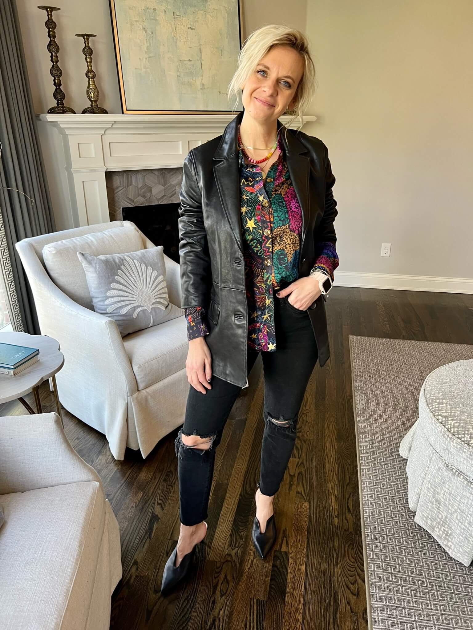 How To Wear Our Winter Capsule Wardrobe - Part 2 Leather Blazer & Printed Blouse & Black Jeans & Black Mule