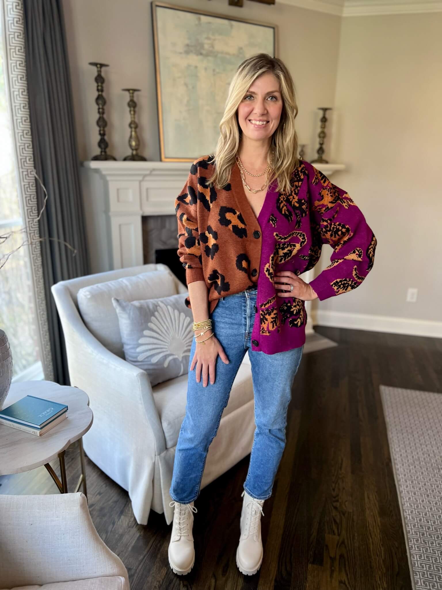 How To Wear Our Winter Capsule Wardrobe – Part 2 Printed Cardigan & Dark Wash Jeans & Combat Boots
