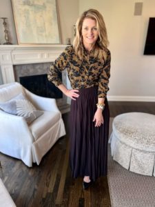 How To Wear Our Winter Workwear Capsule Wardrobe printed blouse and long skirt