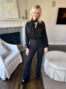 How To Wear Our Winter Workwear Capsule Wardrobe bow neck blouse and black pants