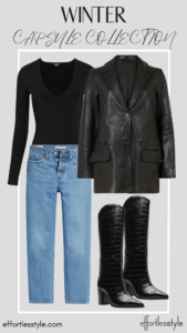 Leather Blazer & Black Bodysuit & Dark Wash Jeans how to style a leather blazer how to style tall boots with straight leg jeans how to style a leather blazer with casual jeans how to dress up your casual jeans