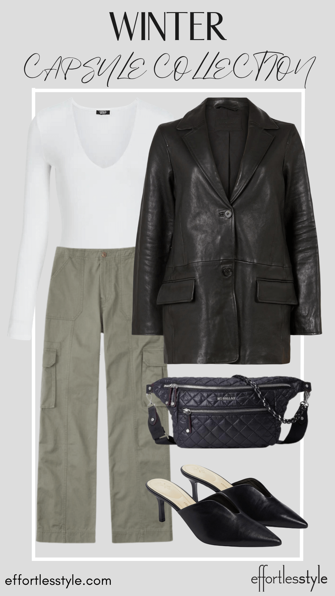 How To Wear Our Winter Capsule Wardrobe - Part 1 Leather Blazer & White Bodysuit & Cargo Pants how to dress your cargo pants up how to wear a blazer with cargo pants how to wear heels with cargo pants