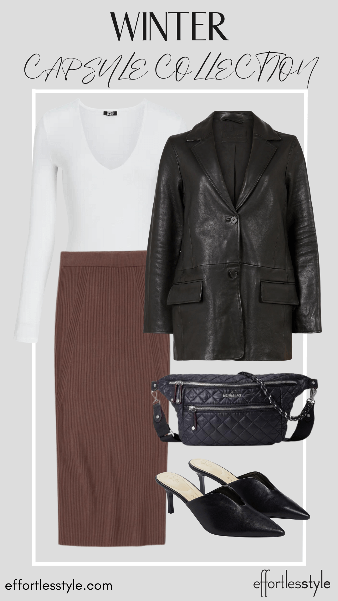 Leather Blazer & White Bodysuit & Midi Skirt how to style a leather blazer with a midi skirt how to style a midi skirt with mules Nashville area stylists share favorite leather blazer when to invest in pieces for your closet