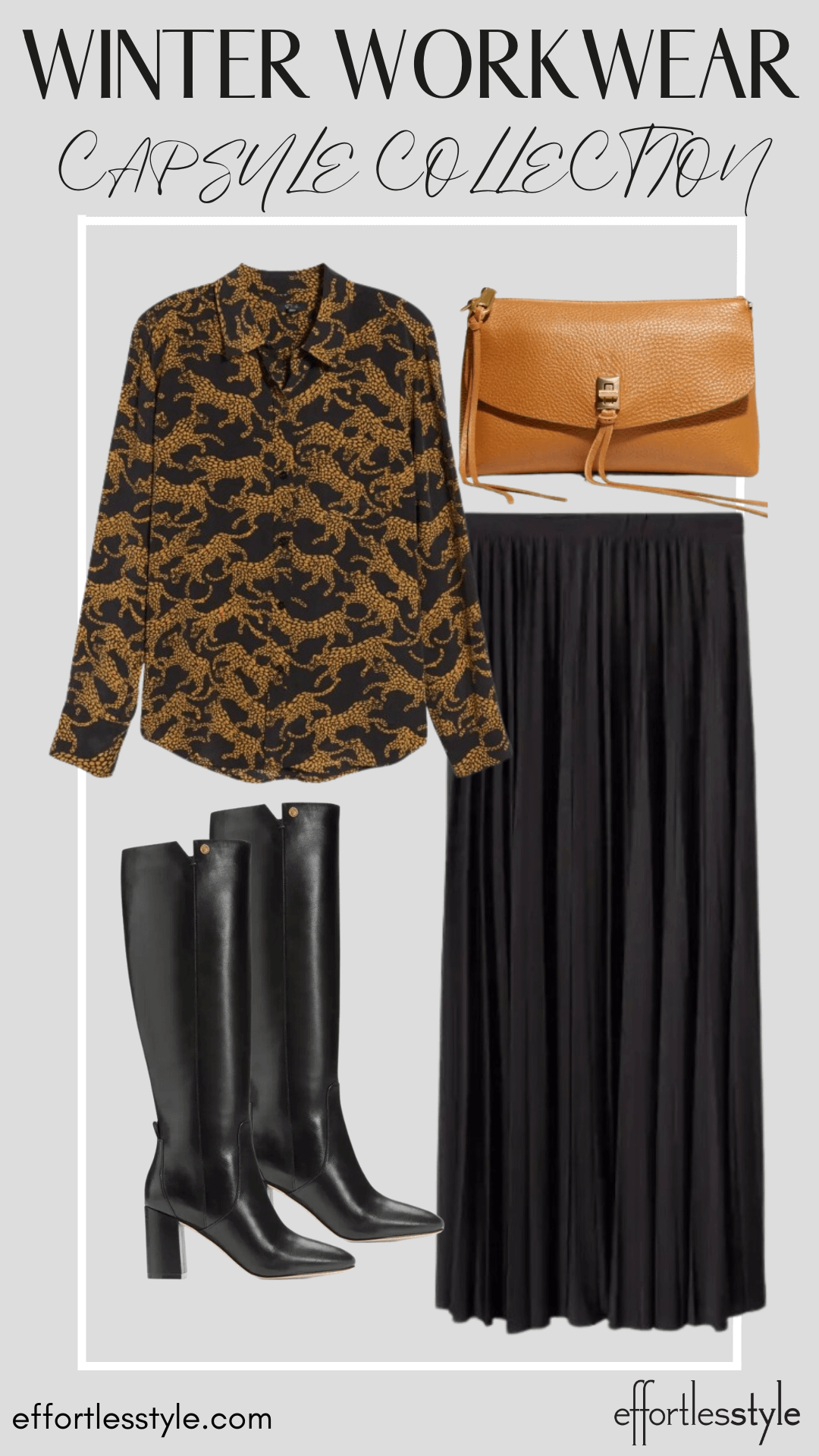 How To Wear Our Winter Workwear Capsule Wardrobe Lynx Printed Blouse & Long Skirt how to style a long skirt for winter how to wear tall boots for winter how to wear a skirt and tall boots