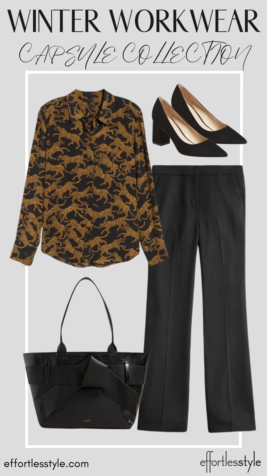 Lynx Printed Blouse & Black Pants how to wear a blouse with suit pants how to wear an animal print blouse personal stylists show how to style suit pants