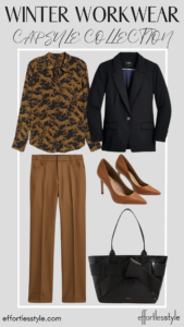 How To Wear Our Winter Workwear Capsule Wardrobe Lynx Printed Blouse & Camel Pants how to wear brown and black together personal stylists share fun looks for the office Nashville area stylists show fun professional looks