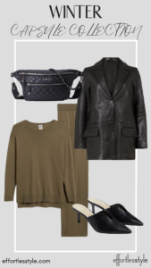 How To Wear Our Winter Capsule Wardrobe - Part 1 Matching Set & Leather Blazer & Black Mule how to wear a leather blazer with knit pants how to wear a blazer with a knit matching set how to wear a knit set to work how to dress up your knit set