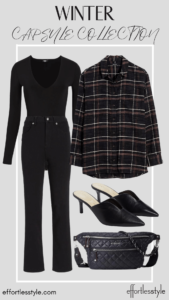 How To Wear Our Winter Capsule Wardrobe – Part 2 Plaid Button-Up Shirt & Black Bodysuit & Black Jeans how to style a plaid button-up shirt with mules how to dress up a plaid button-up shirt how to wear a button-up shirt open how to style a plaid button-up shirt like a shacket
