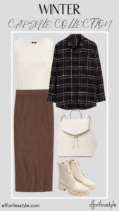 How To Wear Our Winter Capsule Wardrobe – Part 2 Plaid Button-Up Shirt & Faux Leather Bodysuit & Midi Skirt fun ways to style a midi skirt for winter how to wear a plaid button-up shirt with midi skirt how to style combat boots with a midi skirt styling black and brown for winter