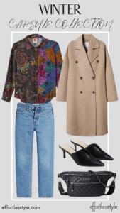 How To Wear Our Winter Capsule Wardrobe - Part 1 Printed Blouse & Dark Wash Jeans how to style a dressy blouse with casual jeans how to wear a silk blouse with jeans affordable mules for winter how to wear heels with casual jeans how to add color to your winter wardrobe