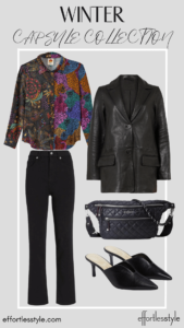 How To Wear Our Winter Capsule Wardrobe - Part 1 Printed Blouse & Leather Blazer & Black Jeans how to wear a leather blazer over a dressy blouse how to style a leather blazer with a silk blouse winter style inspiration Nashville area stylists share winter looks for everyday