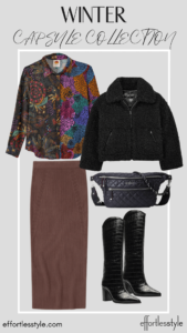 How To Wear Our Winter Capsule Wardrobe - Part 1 Printed Blouse & Midi Skirt how to wear tall boots with a midi skirt how to style your midi skirt for winter how to wear a midi skirt and dressy blouse the tall boot trend winter style inspiration fun casual winter looks