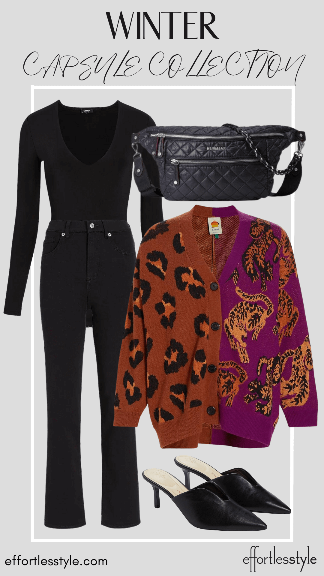 Printed Cardigan & Black Jeans styling a sweater over all black tips for styling colorful sweater tips for styling an oversized cardigan everyday belt bag belt bag that is big enough for all of your essentials belt bag that carries all of your essentials