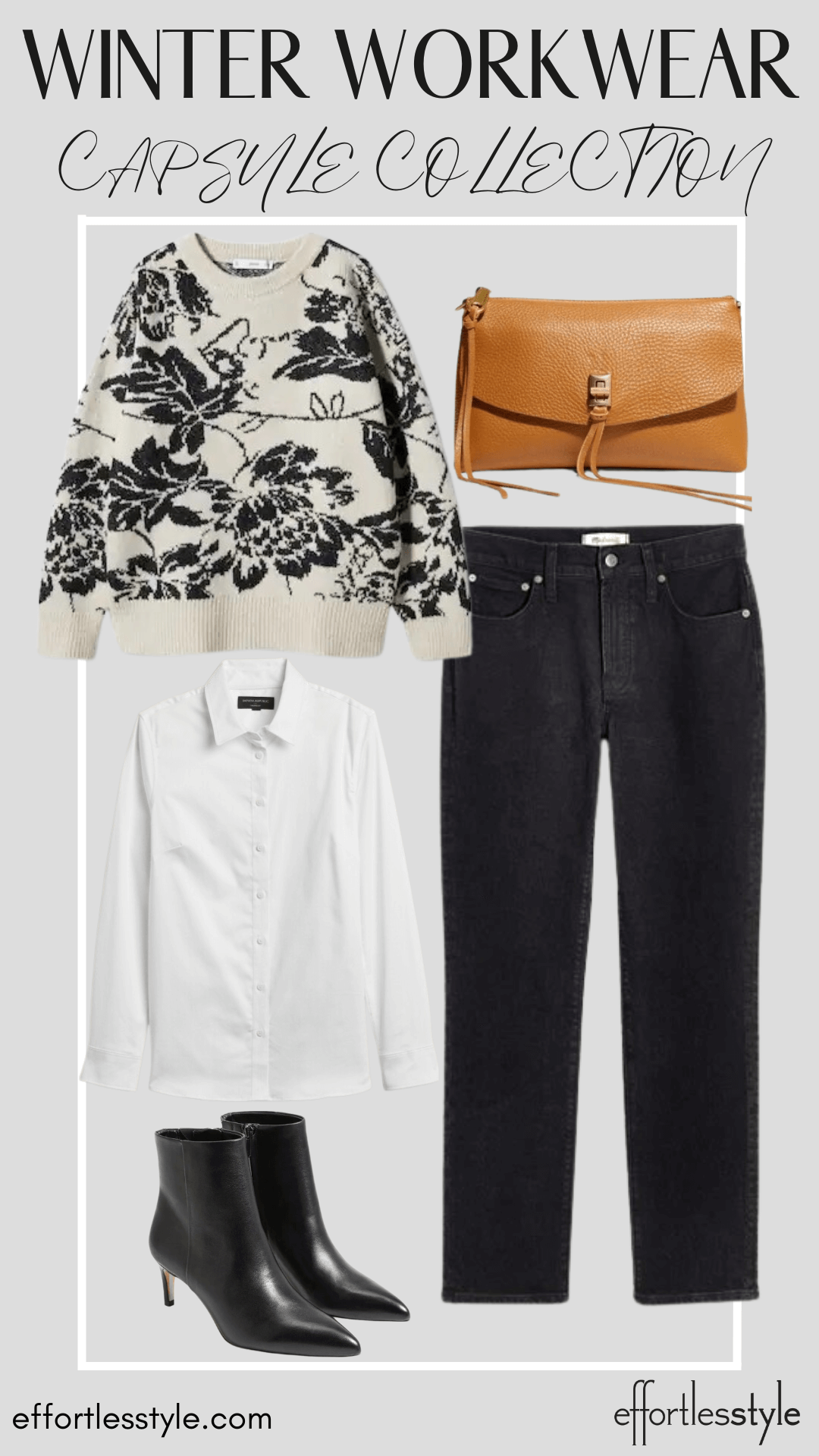 How To Wear Our Winter Workwear Capsule Wardrobe - Part 2 Printed Sweater & Black Jeans how to style a casual sweater for work how to wear a casual sweater to the office what to wear on casual Fridays cognac crossbody affordable leather bootie