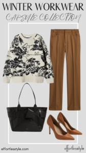 How To Wear Our Winter Workwear Capsule Wardrobe - Part 2 Printed Sweater & Camel Pants how to wear brown and black together Nashville stylists share must have winter pieces for the office personal stylists share a winter capsule for professionals how to wear a sweater with suit pants this winter