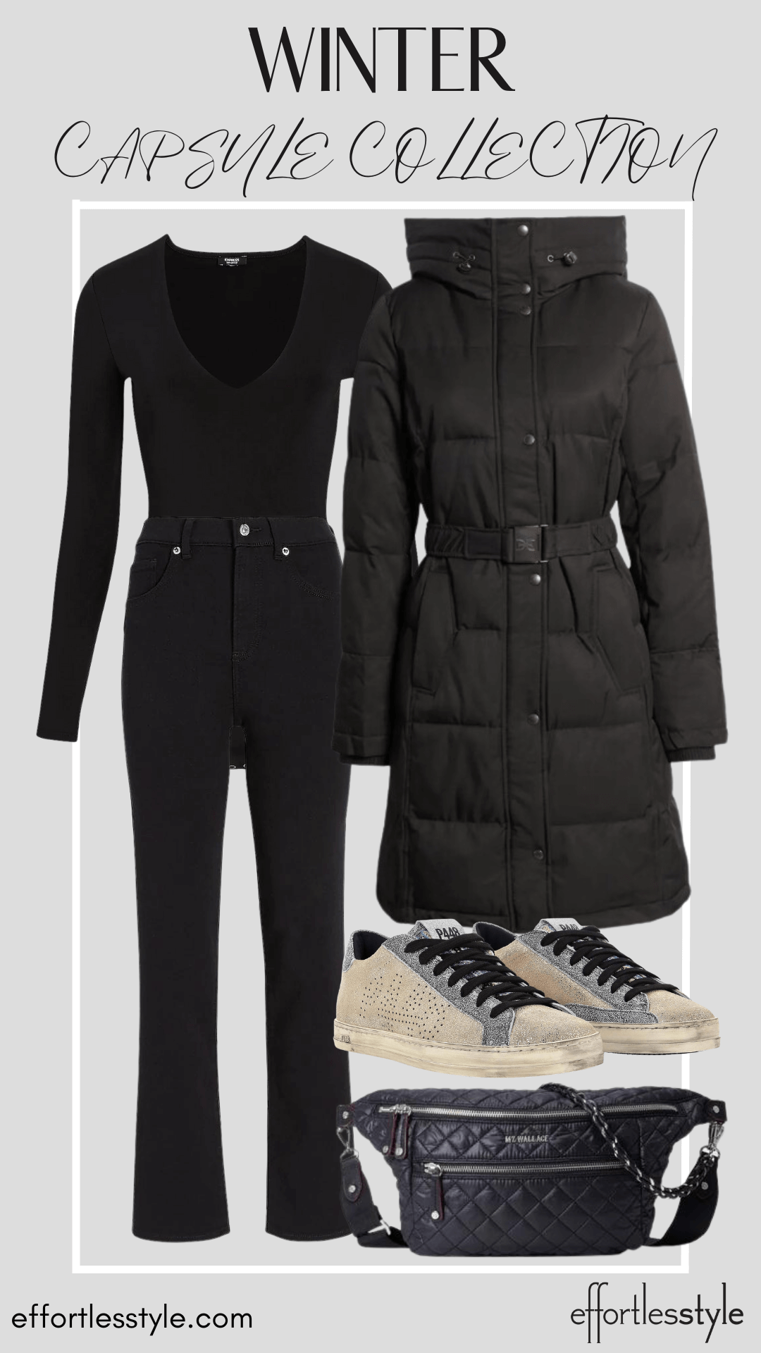 How To Wear Our Winter Capsule Wardrobe - Part 1 Puffer Coat & Black Bodysuit & Black Jeans how to wear all black how to wear sneakers with black jeans how to wear sneakers with a bodysuit how to style a bodysuit how to wear a long sleeve bodysuit