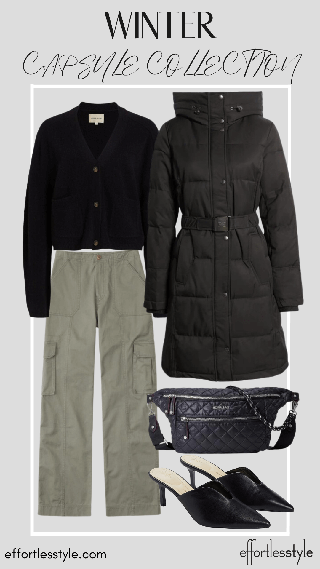 How To Wear Our Winter Capsule Wardrobe - Part 1 Puffer Coat & Cropped Cardigan & Cargo Pants how to style cargo pants in winter how to wear cargo pants with heels how style cargo pants with mules Nashville area stylists share stylish winter coats how to style a puffer coat how to style a puffer jacket
