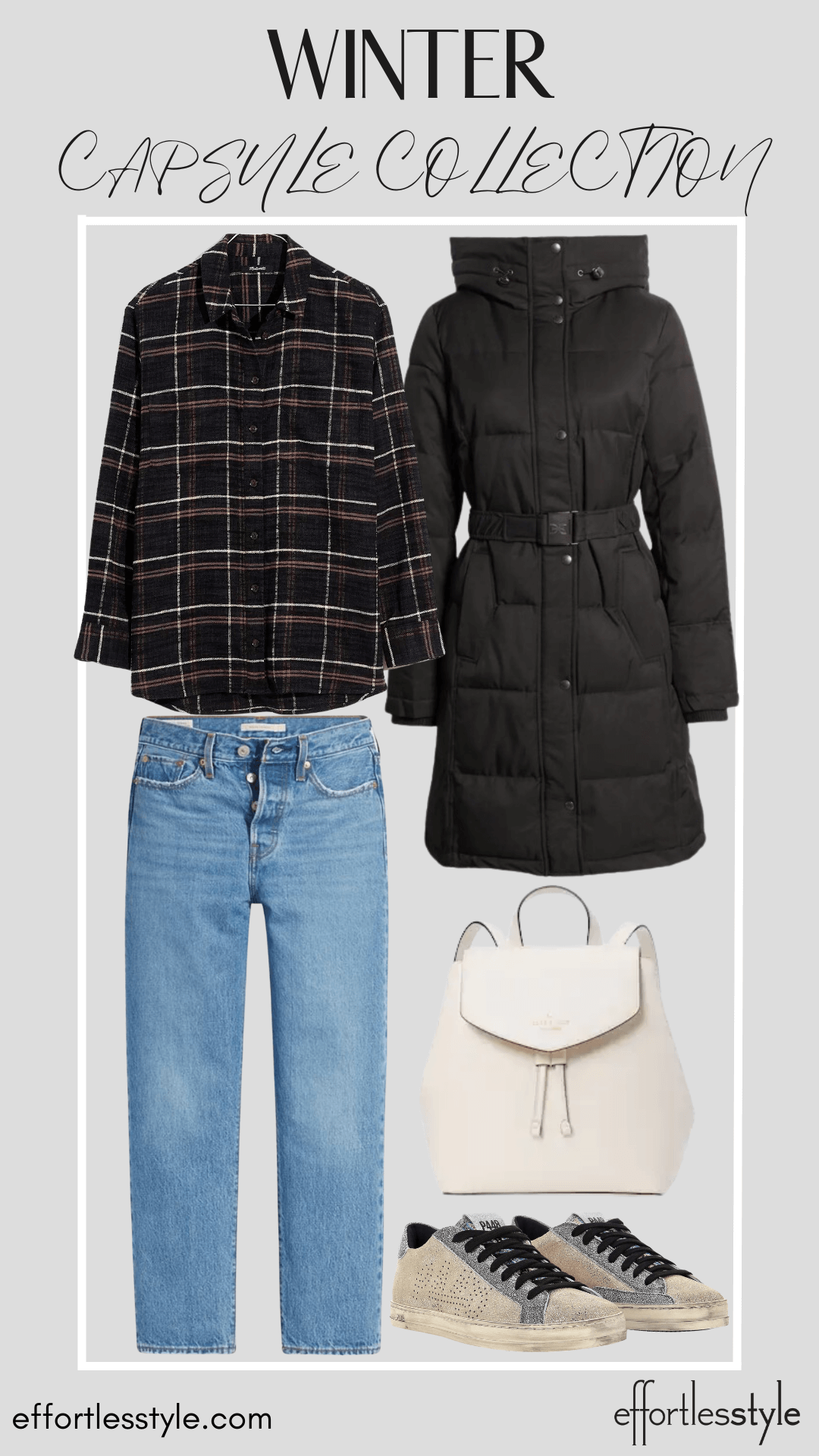 Puffer Coat & Plaid Button-Up Shirt & Dark Wash Jeans how to style a puffer coat flattering puffer coat how to look casual but cute