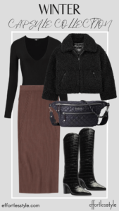 How To Wear Our Winter Capsule Wardrobe - Part 2 Sherpa Jacket & Black Bodysuit & Midi Skirt how to style a midi skirt with tall boots how to wear black and brown together how to style black and brown together