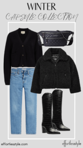 How To Wear Our Winter Capsule Wardrobe - Part 2 Sherpa Jacket & Cropped Cardigan & Dark Wash Jeans how to wear tall boots over dark wash jeans how to wear a cropped cardigan with jeans how to style tall boots over straight leg jeans how to style a sherpa jacket this winter