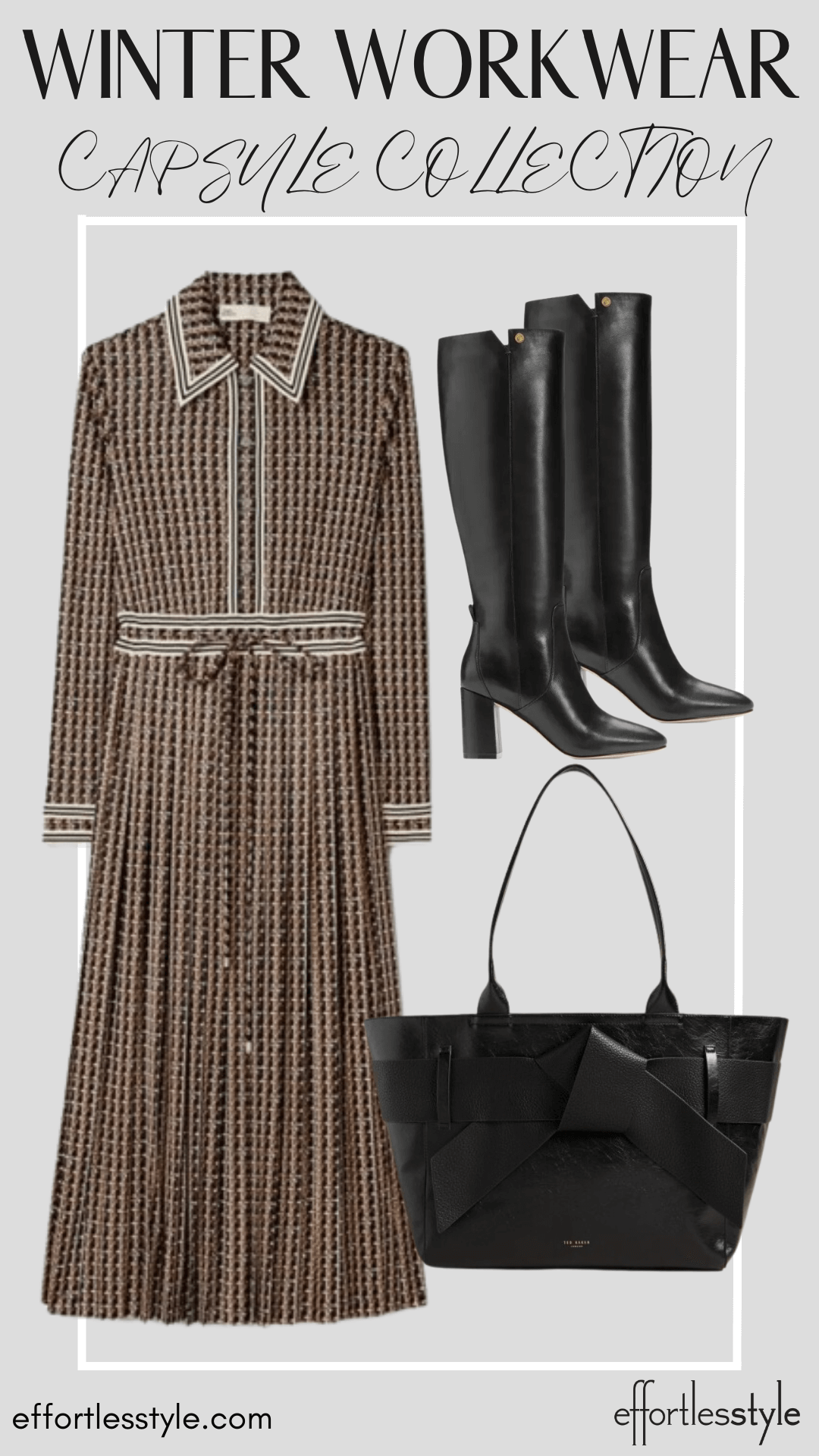 How To Wear Our Winter Workwear Capsule Wardrobe - Part 2 Shirtdress & Black Boot how to style a tall boot with a long dress fun ways to wear a tall boot the tall boot trend how to wear a shirtdress to the office