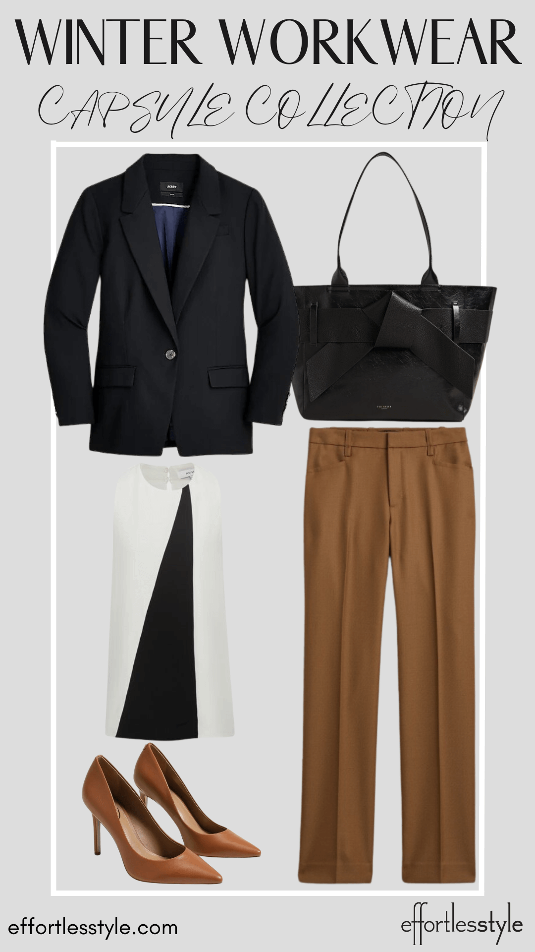 How To Wear Our Winter Workwear Capsule Wardrobe - Part 2 Sleeveless Blouse & Camel Pants & Black Blazer how to wear brown and black together how to style brown with black how to style your camel suit pants how to wear a black blazer with brown pants how to style a colorblocked tank how to wear a color blocked tank to the office