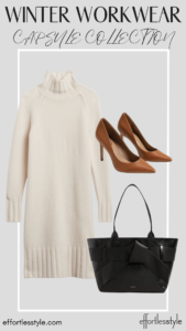 How To Wear Our Winter Workwear Capsule Wardrobe - Part 1 Sweater Dress & Cognac Pumps how to wear a sweater dress to the office comfortable and cute workwear affordable workwear versatile black tote bag personal stylists share their favorite tote bag for winter