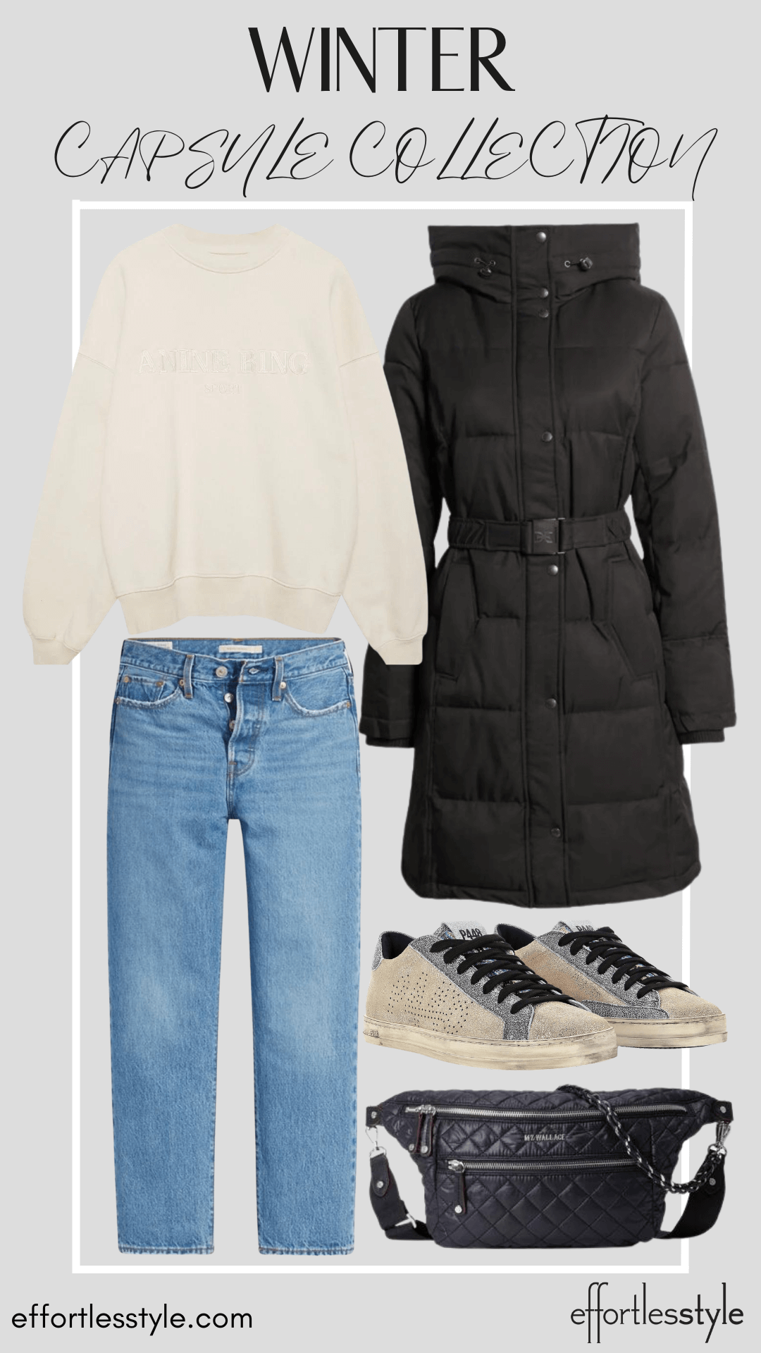 How To Wear Our Winter Capsule Wardrobe – Part 2 Sweatshirt & Dark Wash Jeans cute and cozy outfit for winter cute and comfortable outfit for winter how to style a sweatshirt with jeans and sneakers how to wear a puffer coat flattering puffer coat for winter how to wear your sneakers in the winter