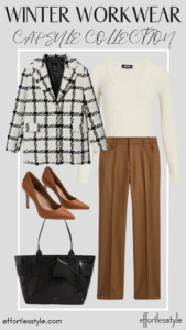 How To Wear Our Winter Workwear Capsule Wardrobe - Part 1 Tweed Coat & Bodysuit & Camel Pants how to wear black and white and brown how to style your camel suit pants for the office how to accessorize a simple look for work how to style bodysuit for work