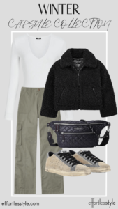 How To Wear Our Winter Capsule Wardrobe - Part 1 White Bodysuit & Sherpa Jacket & Cargo Pants how to wear a sherpa jacket how to wear sneakers in the winter how to style cargo pants winter style inspirations fun outfits for winter personal stylists share winter outfit inspiration Nashville area stylists share winter outfits