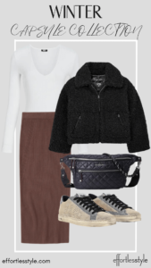 How To Wear Our Winter Capsule Wardrobe - Part 1 White Bodysuit & Sherpa Jacket & Midi Skirt how to wear sneakers with a midi skirt how to style a midi skirt with sneakers how to wear a sherpa jacket with a skirt how to style a bodysuit in winter fun winter outfits casual winter outfits