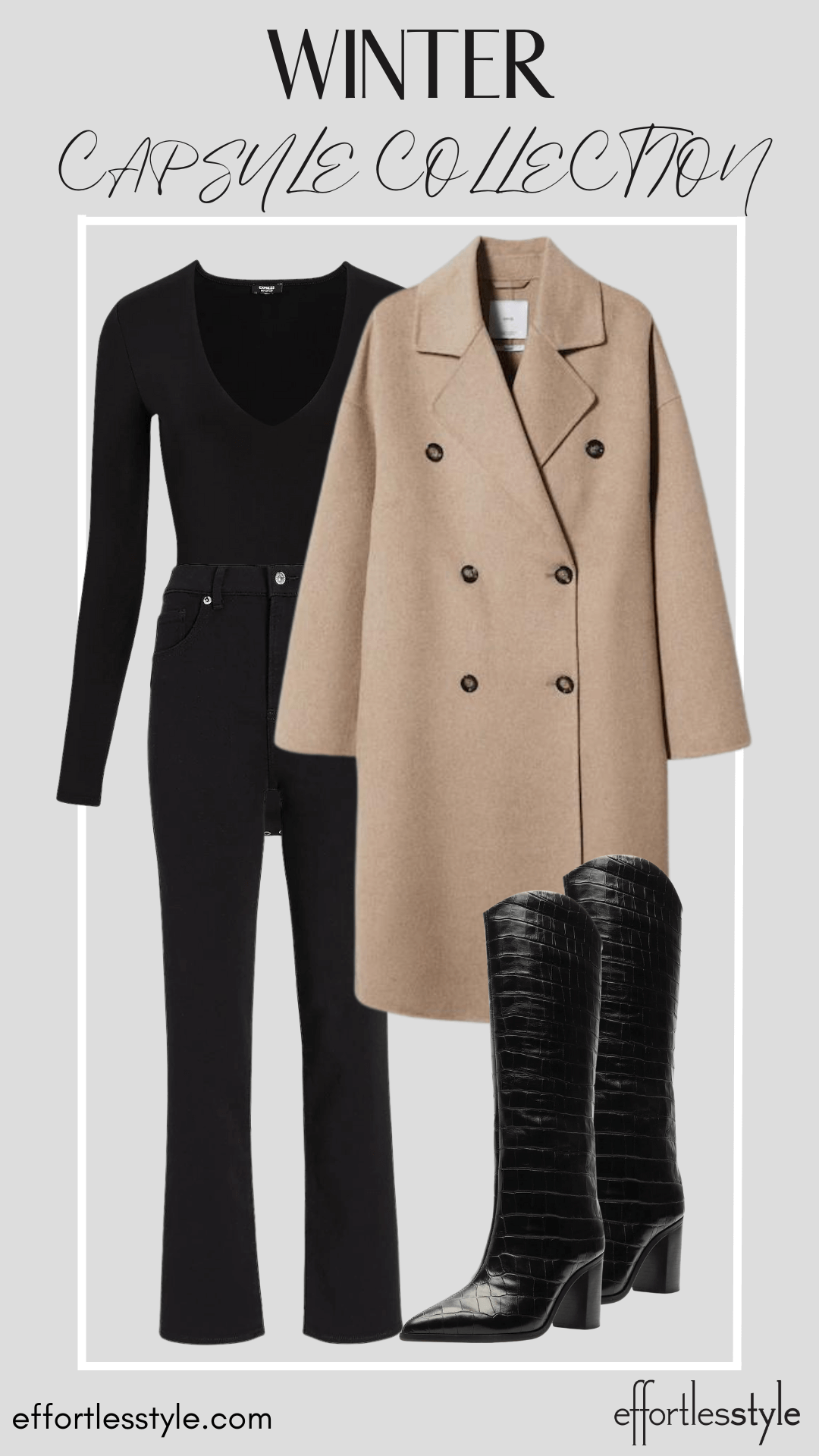 How To Wear Our Winter Capsule Wardrobe - Part 1 Wool Coat & Black Bodysuit & Black Jeans how to wear tall boots with jeans how to wear a brown coat with all black personal stylists share favorite winter jackets how to style a camel wool coat