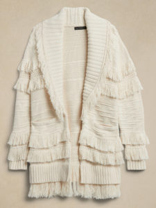Five Things We're Loving At Banana Republic Shawl Collar Fringed Cardigan duster cardigan for winter duster cardigan for spring the fringed sweater trend versatile fringed sweater
