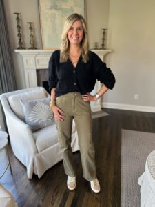 3 Ways To Style Cargo Pants Cardigan And Cargo Pants how to elevate casual cargo pants how to wear a cardigan with utility pants Nashville stylists share favorite utility pants personal stylists share favorite cargo pants how to wear sneakers with a cardigan how to style sneakers with cargo pants