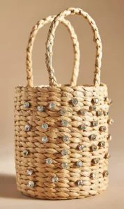 Nashville Personal Stylists: Fun Resort Wear Embellished Straw Bucket Bag fun bags for summer Nashville stylists share the best bags for the beach fun bags to pack for a tropical vacation must have bags for summer