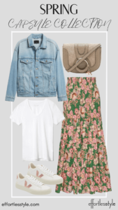 How To Wear Our Spring Capsule Wardrobe - Part 1 Matching Set Skirt & Short Sleeve Tee & Denim Jacket how to style your jean jacket this spring how to wear sneakers with a long skirt how to style a long skirt this spring how to wear a long skirt