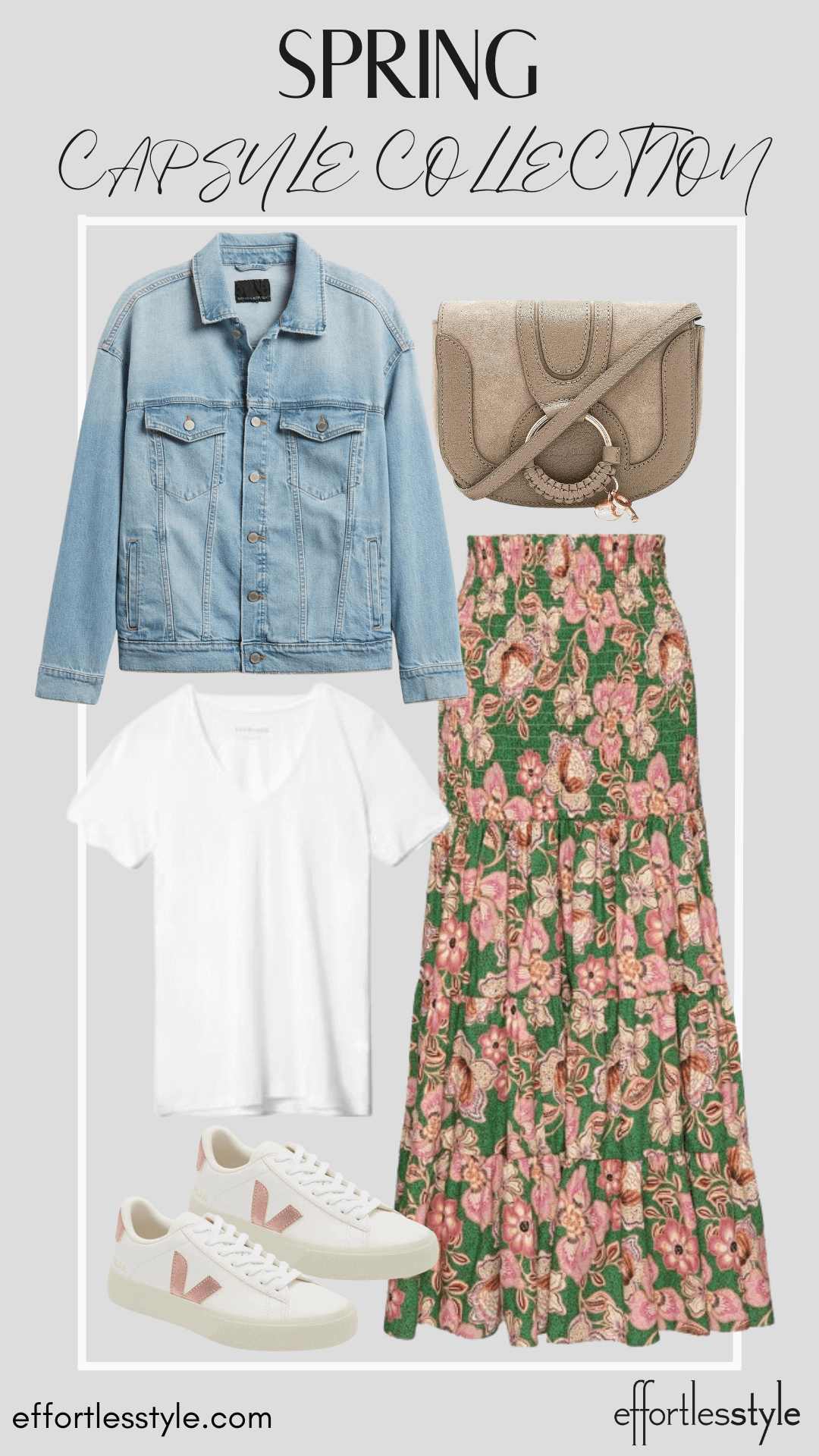 How To Wear Our Spring Capsule Wardrobe - Part 1 Matching Set Skirt & Short Sleeve Tee & Denim Jacket how to style your jean jacket this spring how to wear sneakers with a long skirt how to style a long skirt this spring how to wear a long skirt