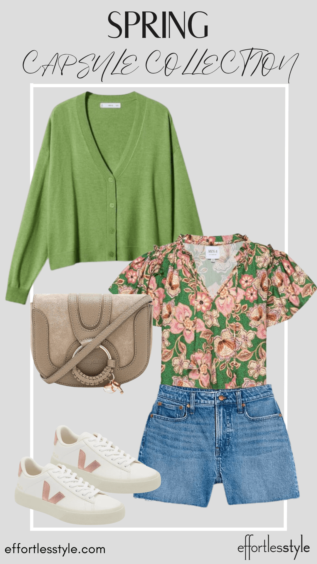 How To Wear Our Spring Capsule Wardrobe - Part 1 Matching Set Top & Cardigan & Denim Shorts how to wear denim shorts in your 40s how to style denim shorts in your 30s and 40s how to wear the color green the color green trend