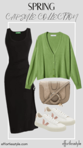 How To Wear Our Spring Capsule Wardrobe - Part 2 Midi Dress & Cardigan the best spring accessories how to wear a cardigan over a midi dress how to style a midi dress this spring how to layer this spring how to wear sneakers with a midi dress fun ways to style your sneakers for spring the color green trend how to style a green cardigan