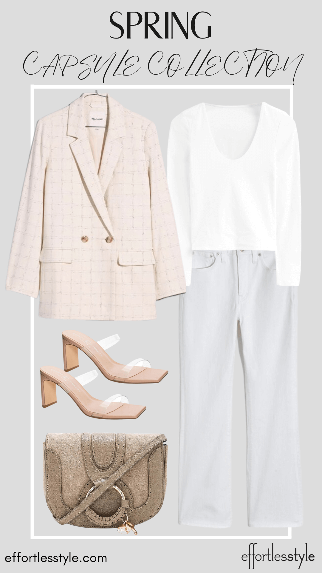 Neutral Blazer & Long Sleeve Tee & White Jeans personal stylists share favorite blazers how to style a blazer with white jeans Nashville area stylists share favorite transparent sandals the transparent sandal trend