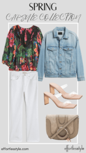Printed Blouse & Denim Jacket & White Jeans how to style your white jeans how to style transparent slide sandals how to style a denim jacket how to style a denim jacket with white jeans