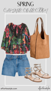 Printed Blouse & Denim Shorts how to style denim shorts in your 40s how to style a printed blouse with denim shorts how to dress denim shorts up must have sandals for summer how to style gold sandals