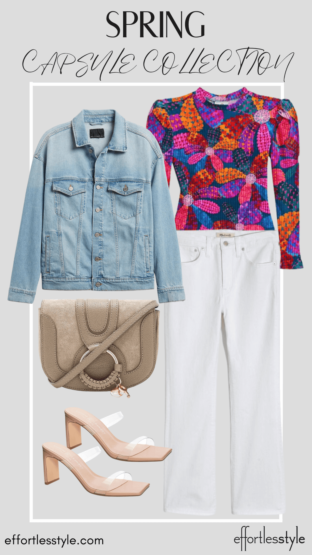 How To Wear Our Spring Capsule Wardrobe - Part 1 Printed Bodysuit & Denim Jacket & White Jeans how to wear bright colors with white jeans how to style a denim jacket with white jeans how to wear a jean jacket with your white jeans must have shoes for spring must have accessories for spring