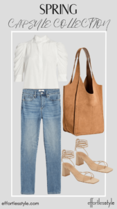 How To Wear Our Spring Capsule Wardrobe - Part 1 Short Sleeve Blouse & Light Wash Jeans how to style your jeans with a dressy blouse personal stylists share jeans looks for spring how to wear sandals with jeans must have tote bag for spring Nashville stylists share favorite accessories for spring