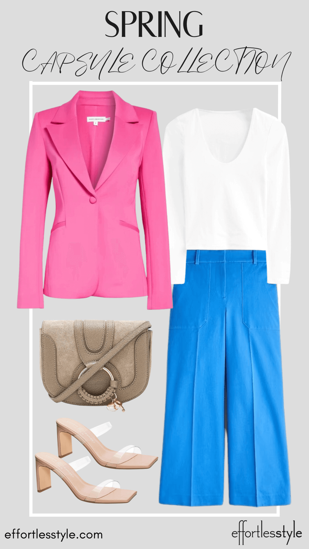 How To Wear Our Spring Capsule Wardrobe - Part 2 Statement Blazer & Long Sleeve Tee & Wide Leg Pants how to color block how to create a colorblocked look this spring Nashville area stylists share must have spring essentials how to create a capsule wardrobe how to wear pink and blue how style wide leg pants for the office