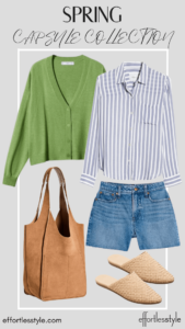 Striped Button-Up Shirt & Cardigan & Denim Shorts how to dress your denim shorts up how to style denim shorts in your 40s how to style denim shorts in a classic way how to style a button-up shirt