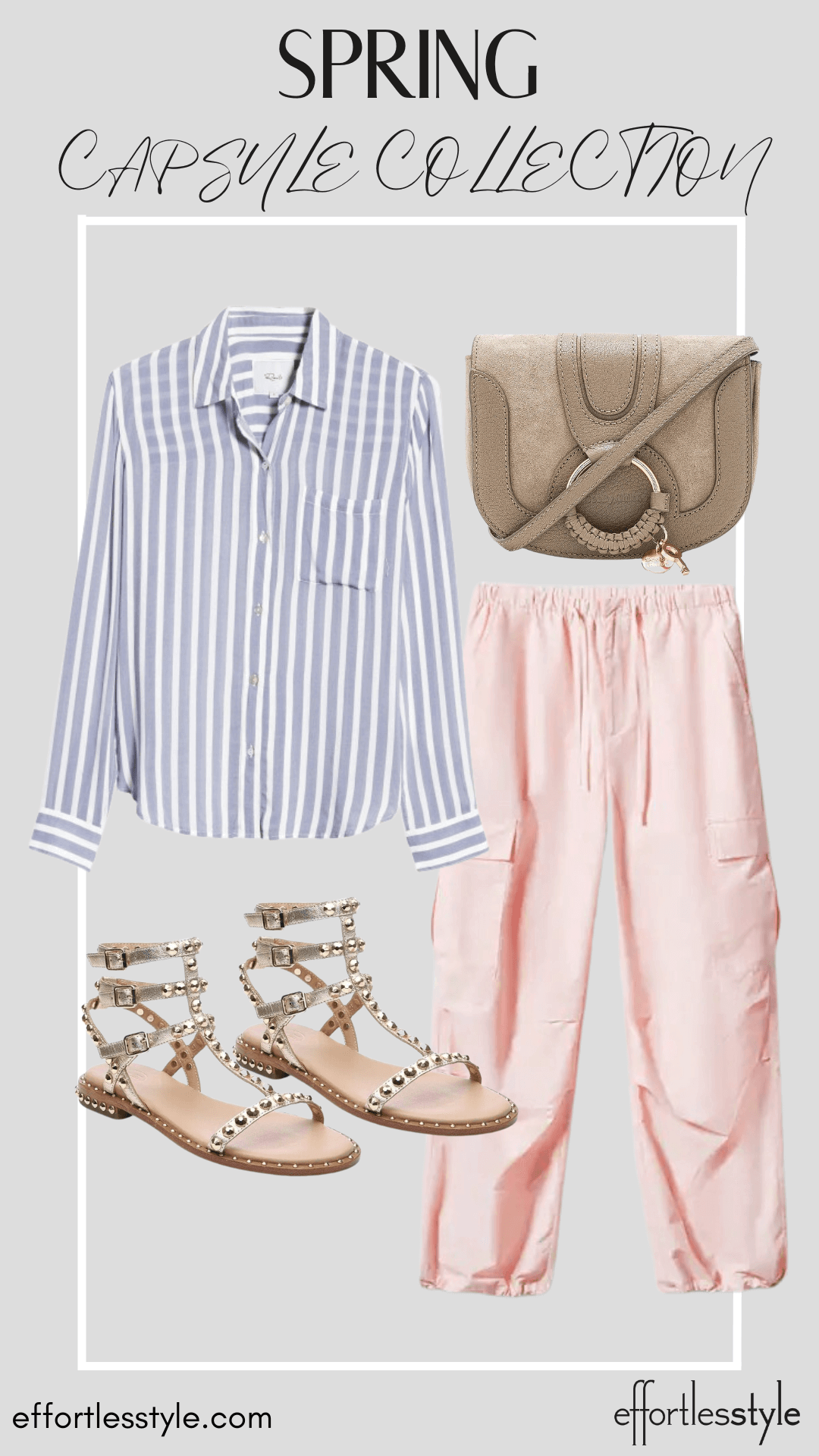 How To Wear Our Spring Capsule Wardrobe - Part 2 Striped Button-Up Shirt & Cargo Pants how to dress your cargo pants up how to pair a button-up shirt with cargo pants how to style a button up shirt for spring the best spring accessories how to style gold sandals this spring