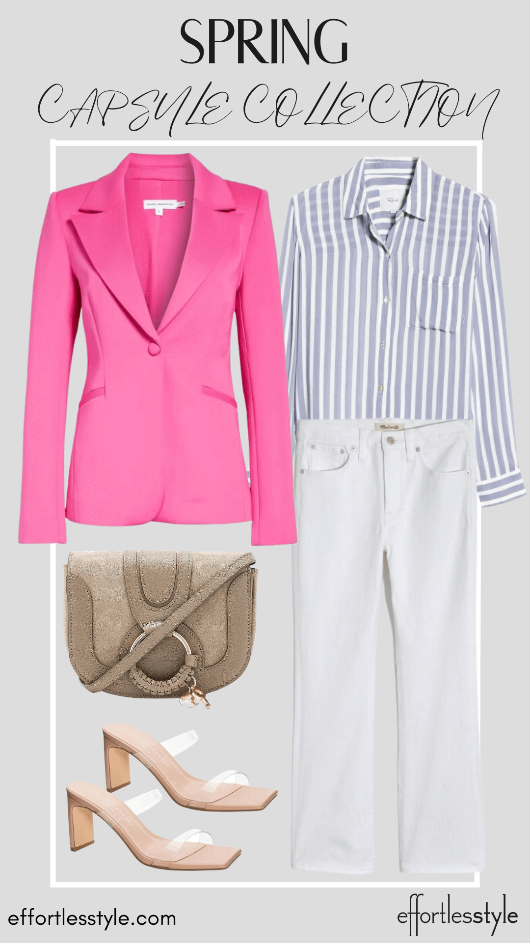 How To Wear Our Spring Capsule Wardrobe - Part 2 Striped Button-Up Shirt & Statement Blazer & White Jeans how to wear hot pink this spring how to style a button-up shirt for spring how to wear a button-up shirt with white jeans how to style transparent slide sandals this spring the best spring accessories how to wear a button-up shirt with jeans how to wear a blazer with jeans