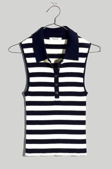 Five Things We Are Loving At Madewell Striped Polo Sweater Tank versatile striped tank for spring quality tank for summer nashville stylists share favorite things at madewell what to buy at madewell this spring
